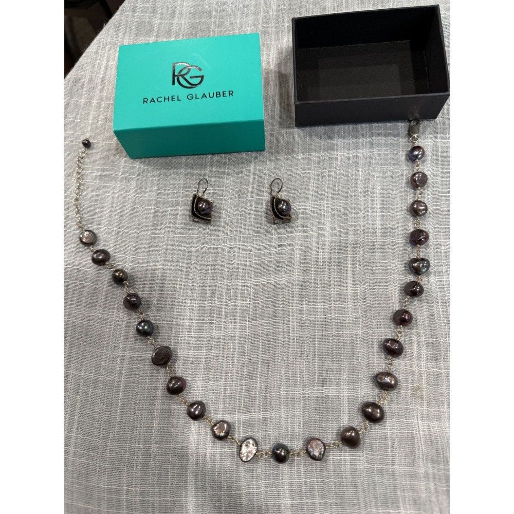 Rachel Glauber Sterling Silver‎ dark purple Pearl Necklace & Earrings Set